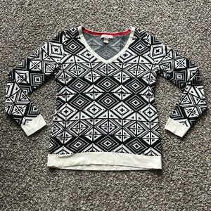 Banana Republic Sweater Medium Monochrome Geometric Aztec Cotton V-Neck Pullover